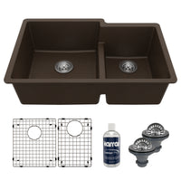 32" Undermount Double Offset Bowl Quartz Composite Kitchen Sink Kit In Brown