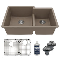 32" Undermount Double Offset Bowl Quartz Composite Kitchen Sink Kit In Concrete