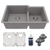 32" Undermount Double Offset Bowl Quartz Composite Kitchen Sink Kit In Grey