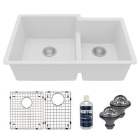 32" Undermount Double Offset Bowl Quartz Composite Kitchen Sink Kit In White