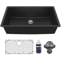 32-3/8" Undermount Large Single Bowl Quartz Composite Kitchen Sink Kit In Black