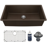 32-3/8" Undermount Large Single Bowl Quartz Composite Kitchen Sink Kit In Brown