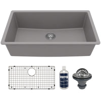 32-3/8" Undermount Large Single Bowl Quartz Composite Kitchen Sink Kit In Grey