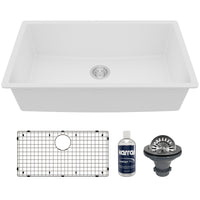 32-3/8" Undermount Large Single Bowl Quartz Composite Kitchen Sink Kit In White