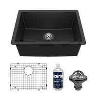 24-3/8" Undermount Single Bowl Quartz Composite Kitchen Sink Kit In Black