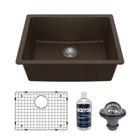 24-3/8" Undermount Single Bowl Quartz Composite Kitchen Sink Kit In Brown