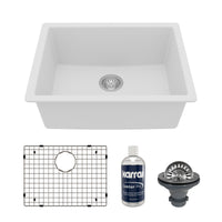 24-3/8" Undermount Single Bowl Quartz Composite Kitchen Sink Kit In White