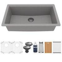 32" Undermount Large Single Bowl Quartz Composite Workstation Kitchen Sink In Grey