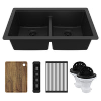 32" Undermount Double Bowl Quartz Kitchen Sink Kit In Black