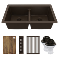 32" Undermount Double Bowl Quartz Kitchen Sink Kit In Brown