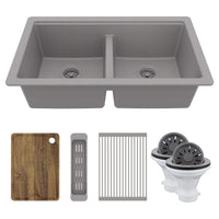 32" Undermount Double Bowl Quartz Kitchen Sink Kit In Grey