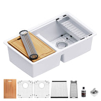32-1/2" Undermount Double Equal Bowl Quartz Composite Workstation Kitchen Sink In White
