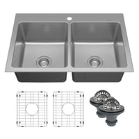 Lansen 33" Top Mount 18 Gauge Double Bowl Stainless Steel Sink with Accessories