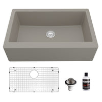 34" Farmhouse Large Single Bowl Quartz Composite Kitchen Sink Kit In Concrete