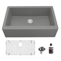 34" Farmhouse Large Single Bowl Quartz Composite Kitchen Sink Kit In Grey
