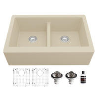 34" Farmhouse Double Equal Bowl Quartz Composite Kitchen Sink Kit In Bisque