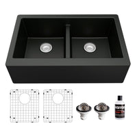 34" Farmhouse Double Equal Bowl Quartz Composite Kitchen Sink Kit In Black