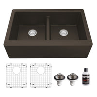 34" Farmhouse Double Equal Bowl Quartz Composite Kitchen Sink Kit In Brown