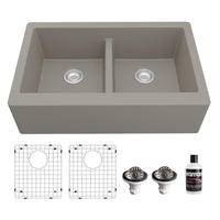 34" Farmhouse Double Equal Bowl Quartz Composite Kitchen Sink Kit In Concrete