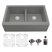34" Farmhouse Double Equal Bowl Quartz Composite Kitchen Sink Kit In Grey