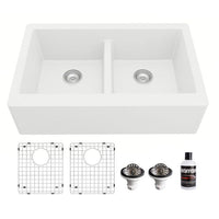 34" Farmhouse Double Equal Bowl Quartz Composite Kitchen Sink Kit In White