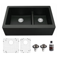 34" Farmhouse Double Offset Bowl Quartz Composite Kitchen Sink Kit In Black