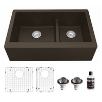 34" Farmhouse Double Offset Bowl Quartz Composite Kitchen Sink Kit In Brown