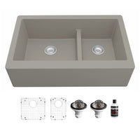 34" Farmhouse Double Offset Bowl Quartz Composite Kitchen Sink Kit In Concrete
