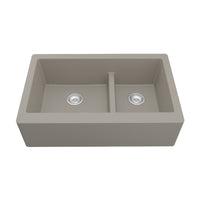 34" Farmhouse Double Offset Bowl Quartz Composite Kitchen Sink In Concrete