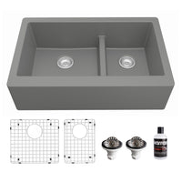 34" Farmhouse Double Offset Bowl Quartz Composite Kitchen Sink Kit In Grey