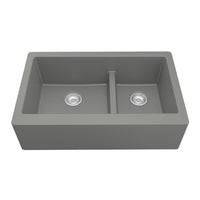 34" Farmhouse Double Offset Bowl Quartz Composite Kitchen Sink In Grey
