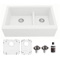 34" Farmhouse Double Offset Bowl Quartz Composite Kitchen Sink Kit In White
