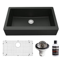 34" Retrofit Farmhouse Large Single Bowl Quartz Composite Kitchen Sink Kit In Black