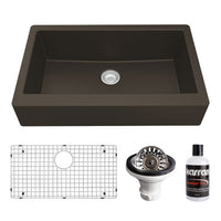 34" Retrofit Farmhouse Large Single Bowl Quartz Composite Kitchen Sink Kit In Brown