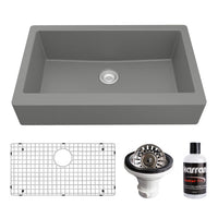 34" Retrofit Farmhouse Large Single Bowl Quartz Composite Kitchen Sink Kit In Grey
