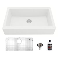 34" Retrofit Farmhouse Large Single Bowl Quartz Composite Kitchen Sink Kit In White