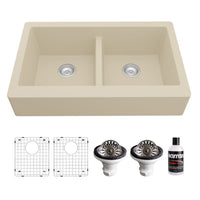 34" Retrofit Farmhouse Double Equal Bowl Quartz Composite Kitchen Sink Kit In Bisque