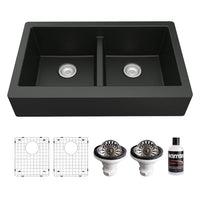 34" Retrofit Farmhouse Double Equal Bowl Quartz Composite Kitchen Sink Kit In Black