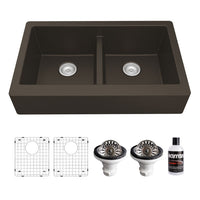 34" Retrofit Farmhouse Double Equal Bowl Quartz Composite Kitchen Sink Kit In Brown