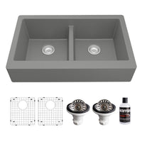 34" Retrofit Farmhouse Double Equal Bowl Quartz Composite Kitchen Sink Kit In Grey