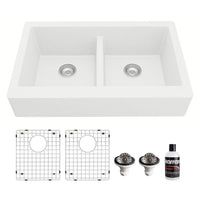 34" Retrofit Farmhouse Double Equal Bowl Quartz Composite Kitchen Sink Kit In White