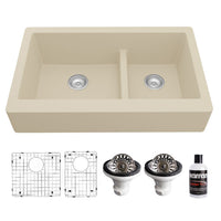34" Retrofit Farmhouse Double Offset Bowl Quartz Composite Kitchen Sink Kit In Bisque