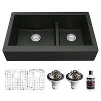 34" Retrofit Farmhouse Double Offset Bowl Quartz Composite Kitchen Sink Kit In Black
