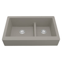 34" Retrofit Farmhouse Double Offset Bowl Quartz Composite Kitchen Sink In Concrete