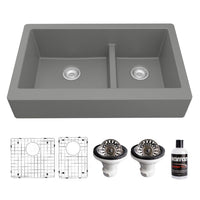 34" Retrofit Farmhouse Double Offset Bowl Quartz Composite Kitchen Sink Kit In Grey