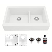 34" Retrofit Farmhouse Double Offset Bowl Quartz Composite Kitchen Sink Kit In White