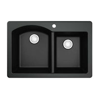 33" Top Mount Double Offset Bowl Quartz Composite Kitchen Sink In Black
