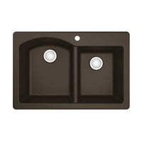 33" Top Mount Double Offset Bowl Quartz Composite Kitchen Sink In Brown
