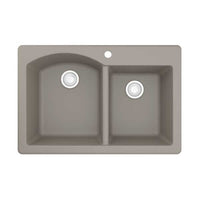 33" Top Mount Double Offset Bowl Quartz Composite Kitchen Sink In Concrete