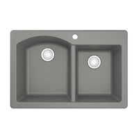 33" Top Mount Double Offset Bowl Quartz Composite Kitchen Sink In Grey